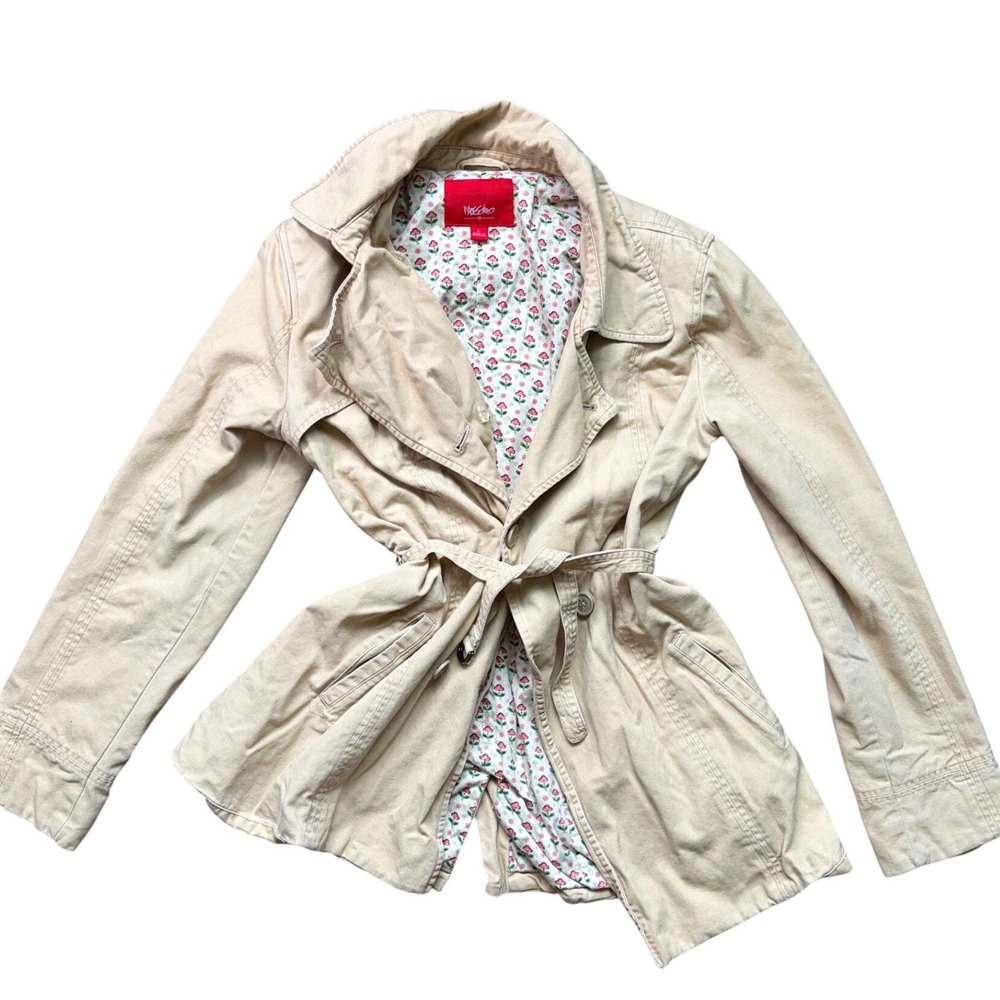 Massimo Y2K Bella Swan Tan Trench Coat Floral Lining Belted Canvas Jacket Khaki
